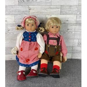 KATHE KRUSE GLUCKSKIND First Love 100 Year Edition Dolls Pair with Wooden Bench